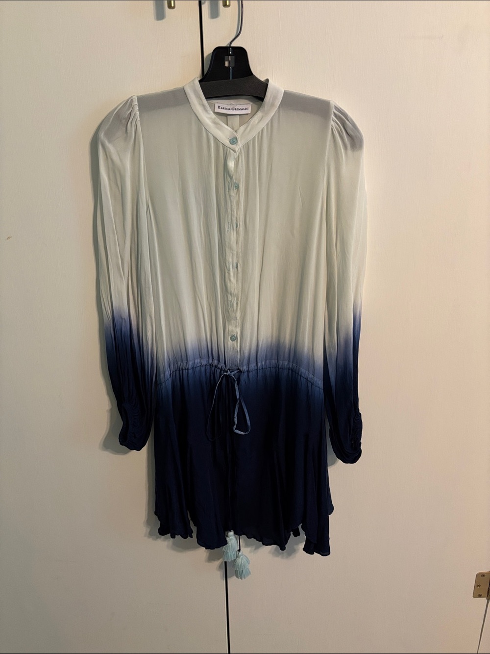 Karina Grimaldi White to Navy Ombre Long-Sleeve Button Blouse
